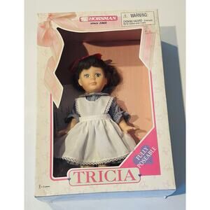 Vintage 1997 Horsman Tricia Girls Doll 12" Blue Pinstripe Dress Red Bow NIB NEW